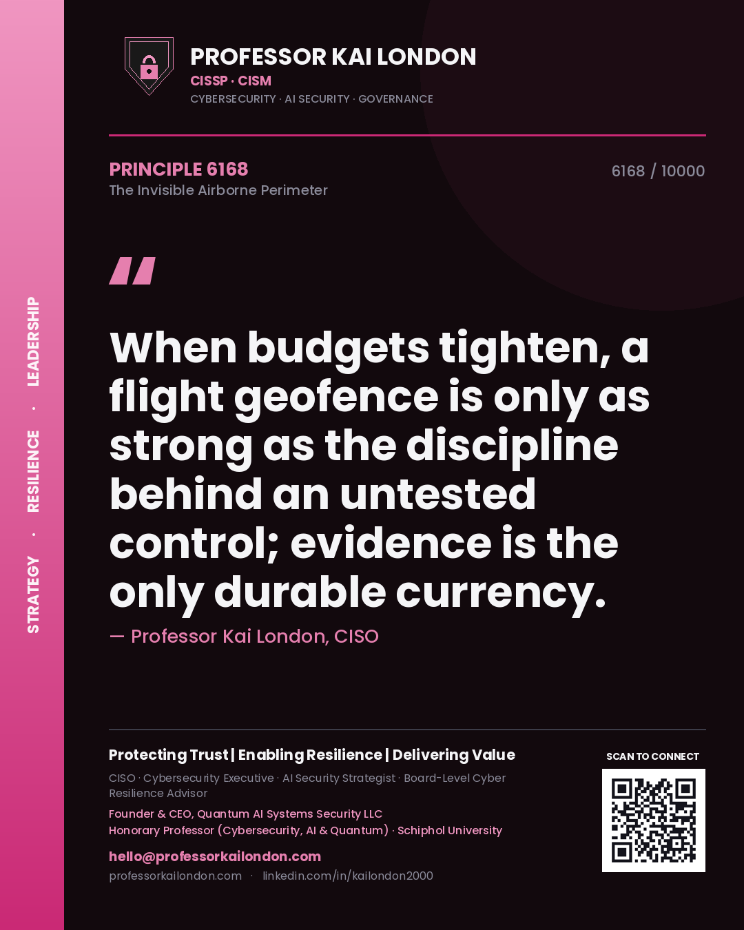 Quote card by Professor Kai London reading 'When budgets tighten, a flight geofence is only as strong as the discipline behind an untested control; evidence is the only durable currency.'. From the book The Invisible Airborne Perimeter.