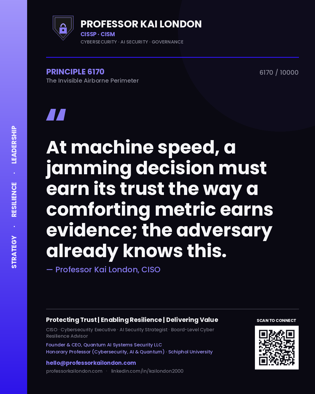 Quote card by Professor Kai London reading 'At machine speed, a jamming decision must earn its trust the way a comforting metric earns evidence; the adversary already knows this.'. From the book The Invisible Airborne Perimeter.