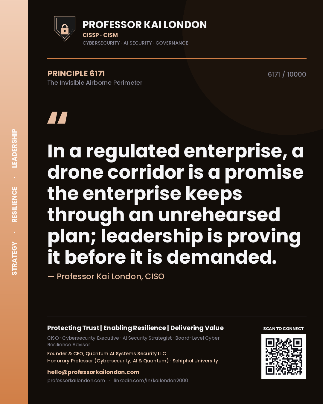 Quote card by Professor Kai London reading 'In a regulated enterprise, a drone corridor is a promise the enterprise keeps through an unrehearsed plan; leadership is proving it before it is demanded.'. From the book The Invisible Airborne Perimeter.