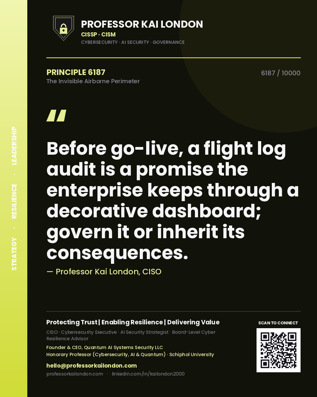 Professor Kai London principle 6187: Before go-live, a flight log audit is a promise the enterprise keeps through a decorative dashboard; govern it or inherit its consequences.