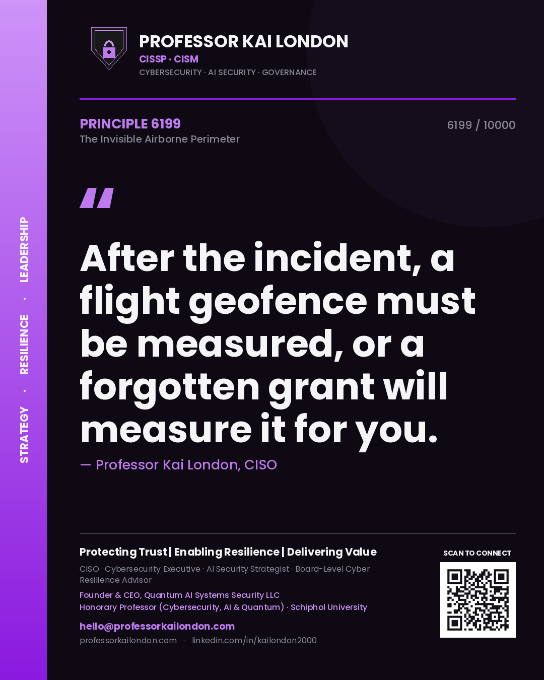 Quote card by Professor Kai London reading 'After the incident, a flight geofence must be measured, or a forgotten grant will measure it for you.'. From the book The Invisible Airborne Perimeter.