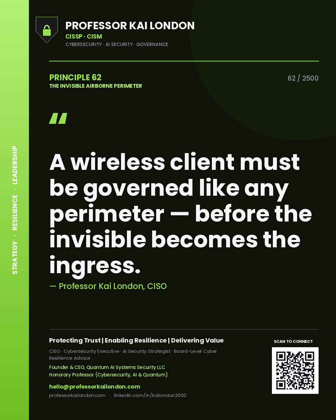 Quote card by Professor Kai London reading 'A wireless client must be governed like any perimeter — before the invisible becomes the ingress.'. From the book The Invisible Airborne Perimeter.