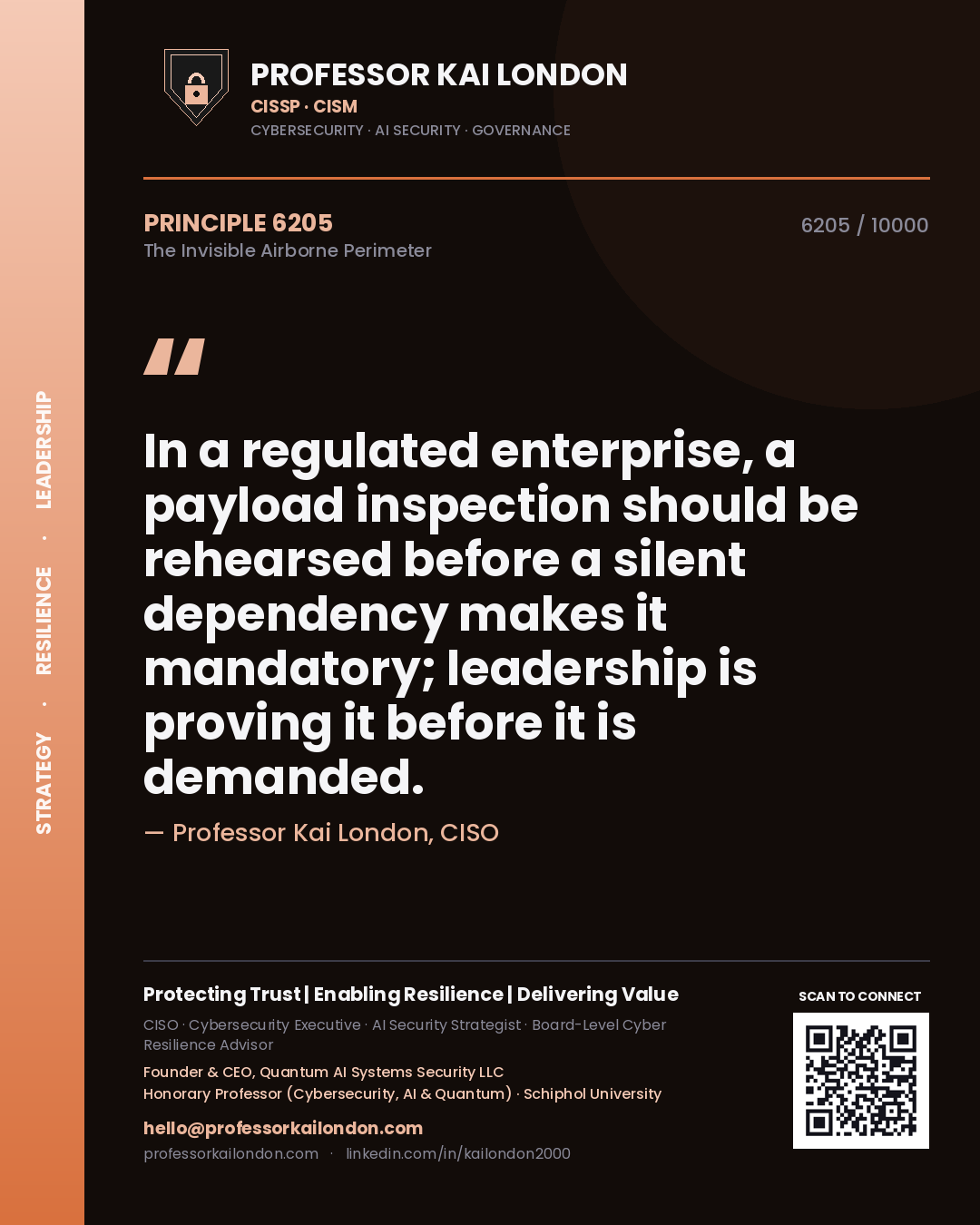 Quote card by Professor Kai London reading 'In a regulated enterprise, a payload inspection should be rehearsed before a silent dependency makes it mandatory; leadership is proving it before it is demanded.'. From the book The Invisible Airborne Perimeter.