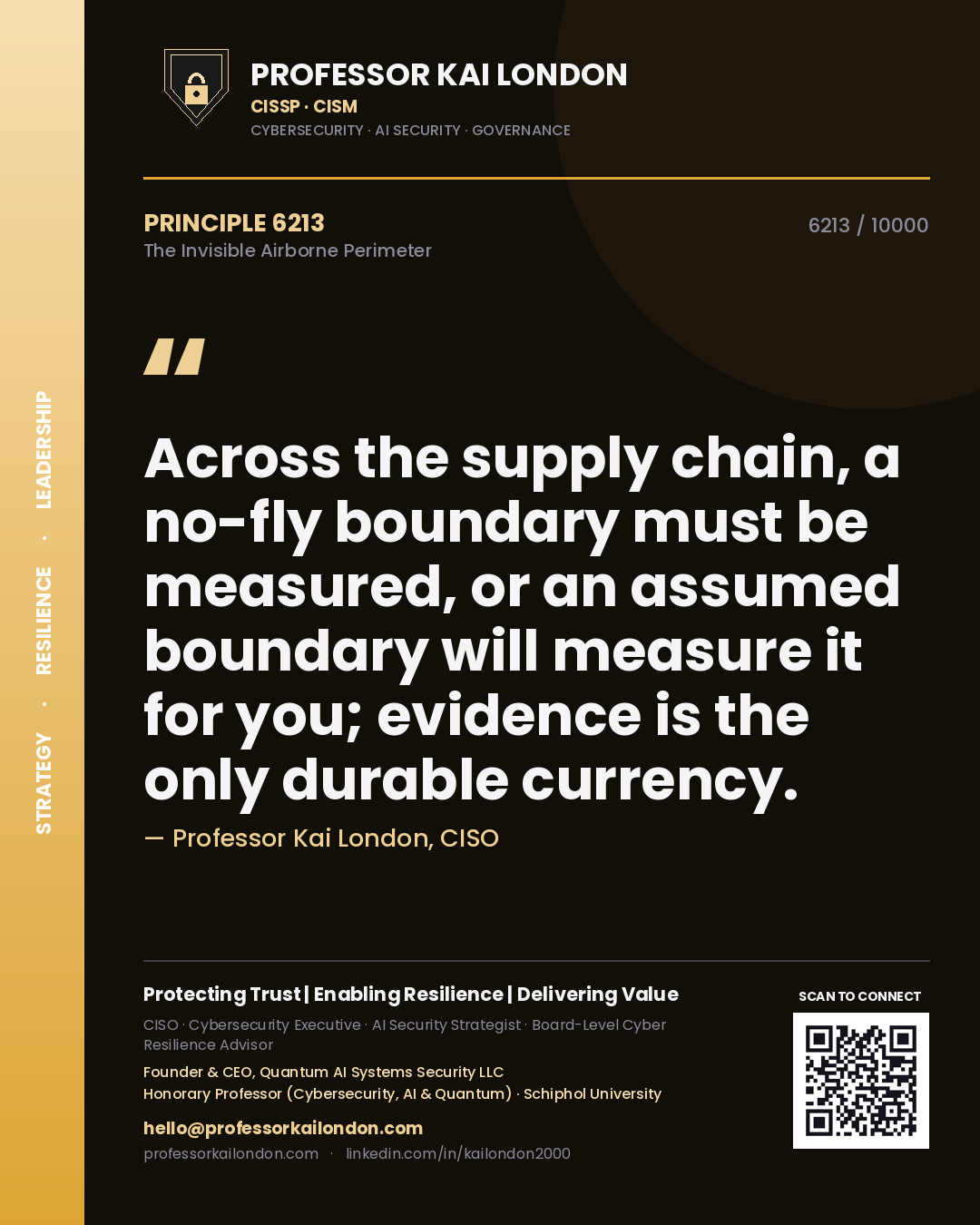 Quote card by Professor Kai London reading 'Across the supply chain, a no-fly boundary must be measured, or an assumed boundary will measure it for you; evidence is the only durable currency.'. From the book The Invisible Airborne Perimeter.