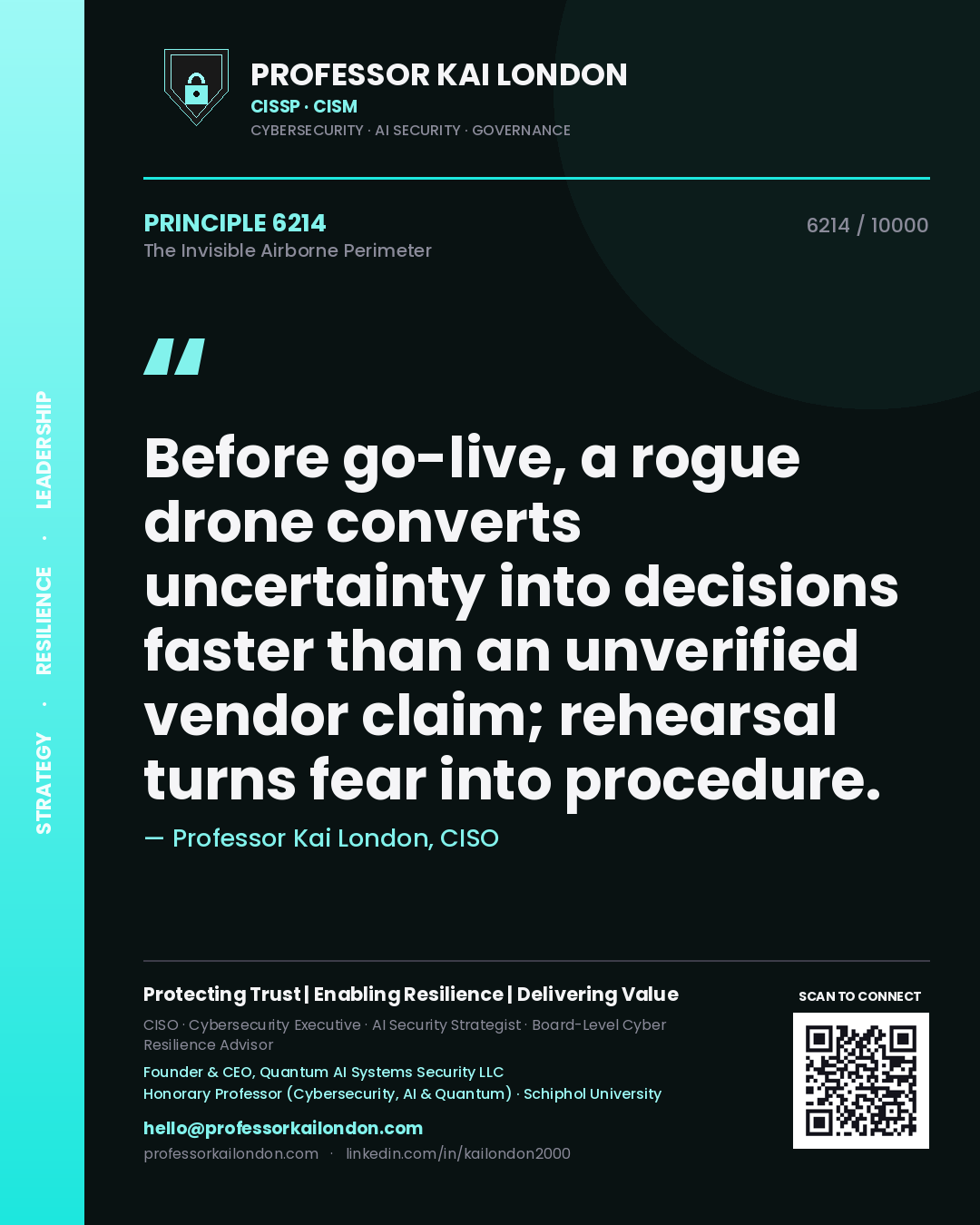 Quote card by Professor Kai London reading 'Before go-live, a rogue drone converts uncertainty into decisions faster than an unverified vendor claim; rehearsal turns fear into procedure.'. From the book The Invisible Airborne Perimeter.