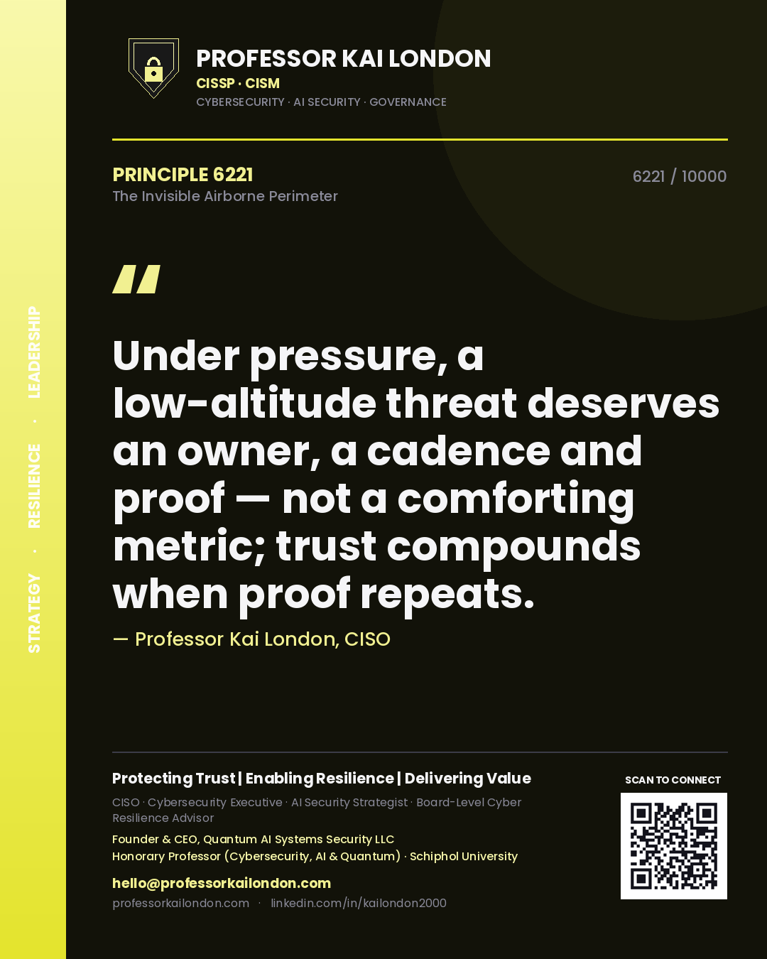 Quote card by Professor Kai London reading 'Under pressure, a low-altitude threat deserves an owner, a cadence and proof — not a comforting metric; trust compounds when proof repeats.'. From the book The Invisible Airborne Perimeter.