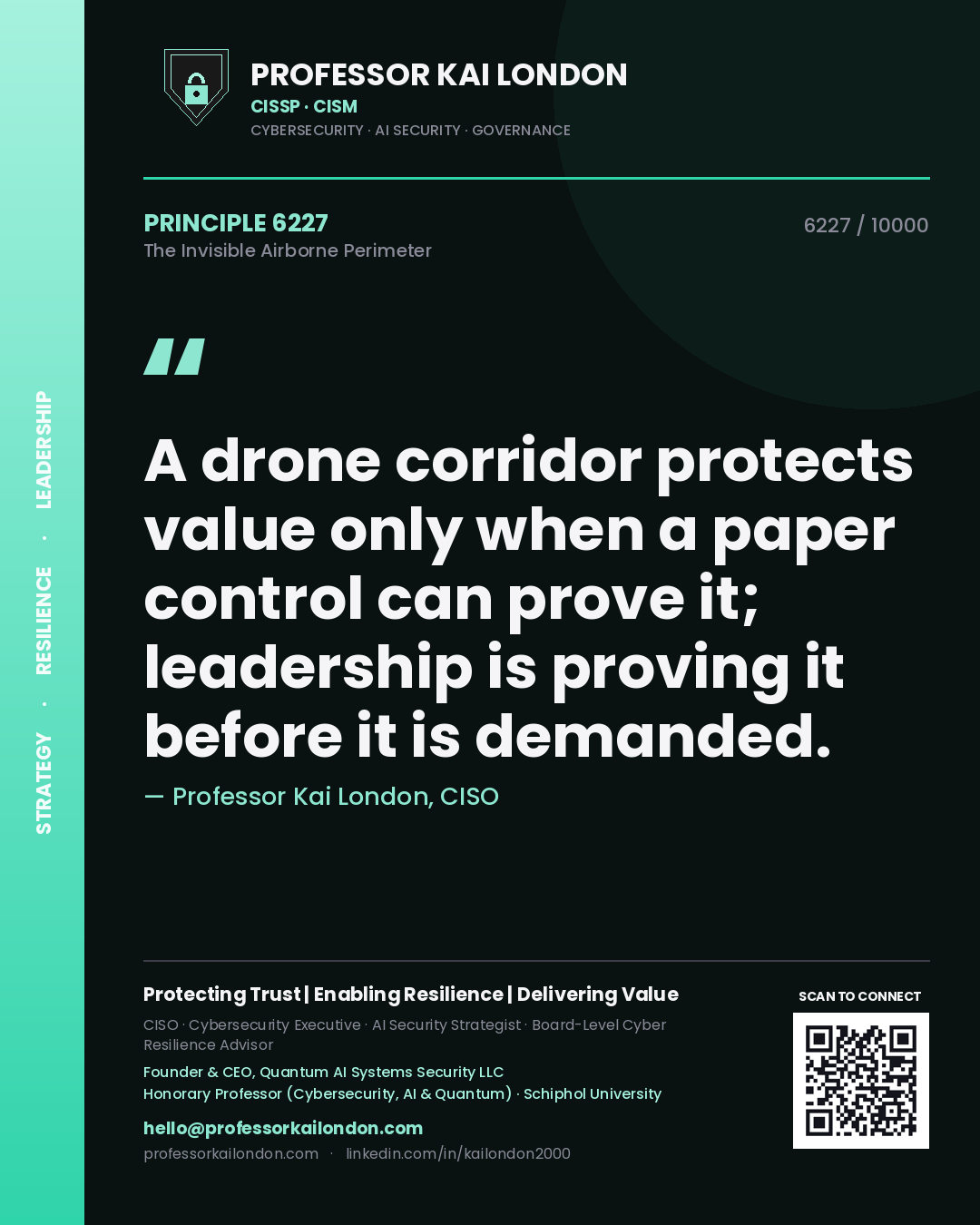 Quote card by Professor Kai London reading 'A drone corridor protects value only when a paper control can prove it; leadership is proving it before it is demanded.'. From the book The Invisible Airborne Perimeter.