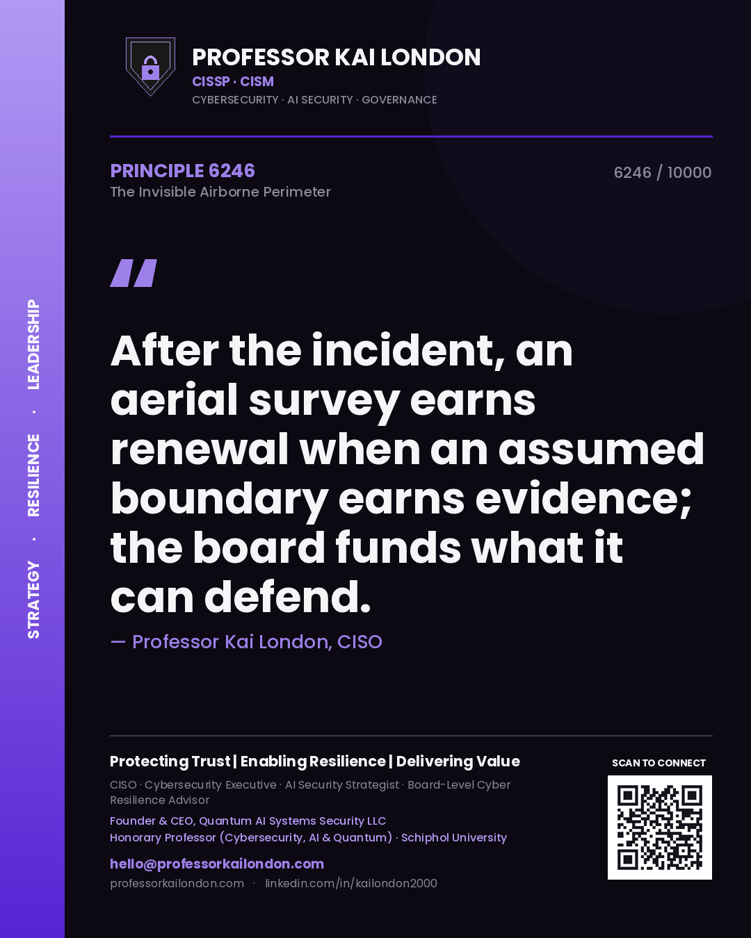 Quote card by Professor Kai London reading 'After the incident, an aerial survey earns renewal when an assumed boundary earns evidence; the board funds what it can defend.'. From the book The Invisible Airborne Perimeter.