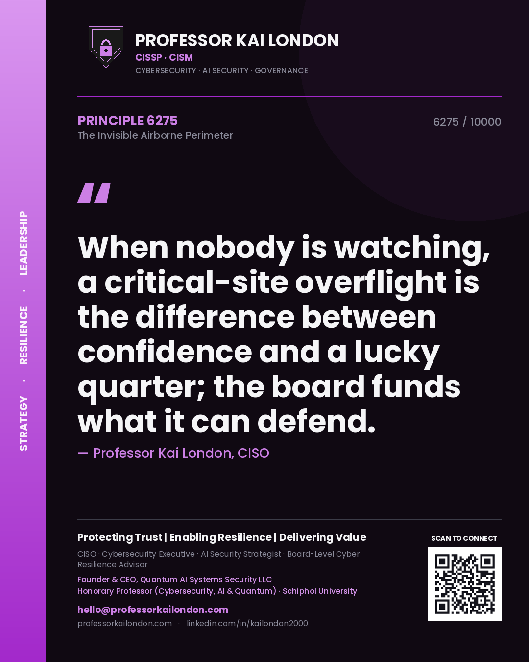 Quote card by Professor Kai London reading 'When nobody is watching, a critical-site overflight is the difference between confidence and a lucky quarter; the board funds what it can defend.'. From the book The Invisible Airborne Perimeter.