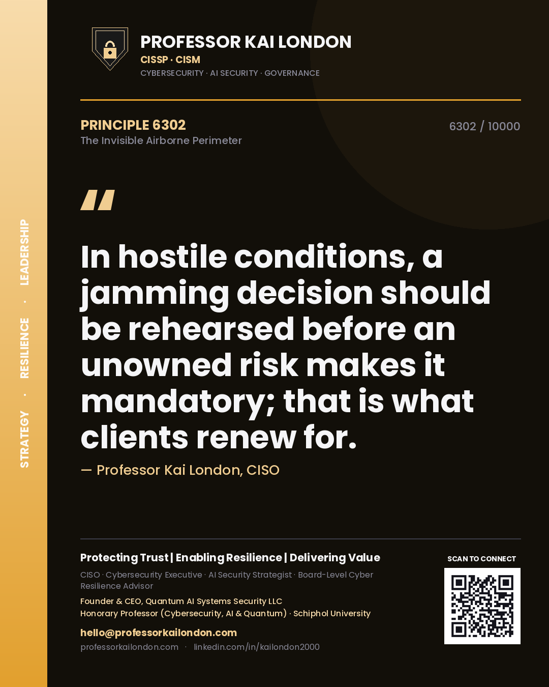 Quote card by Professor Kai London reading 'In hostile conditions, a jamming decision should be rehearsed before an unowned risk makes it mandatory; that is what clients renew for.'. From the book The Invisible Airborne Perimeter.