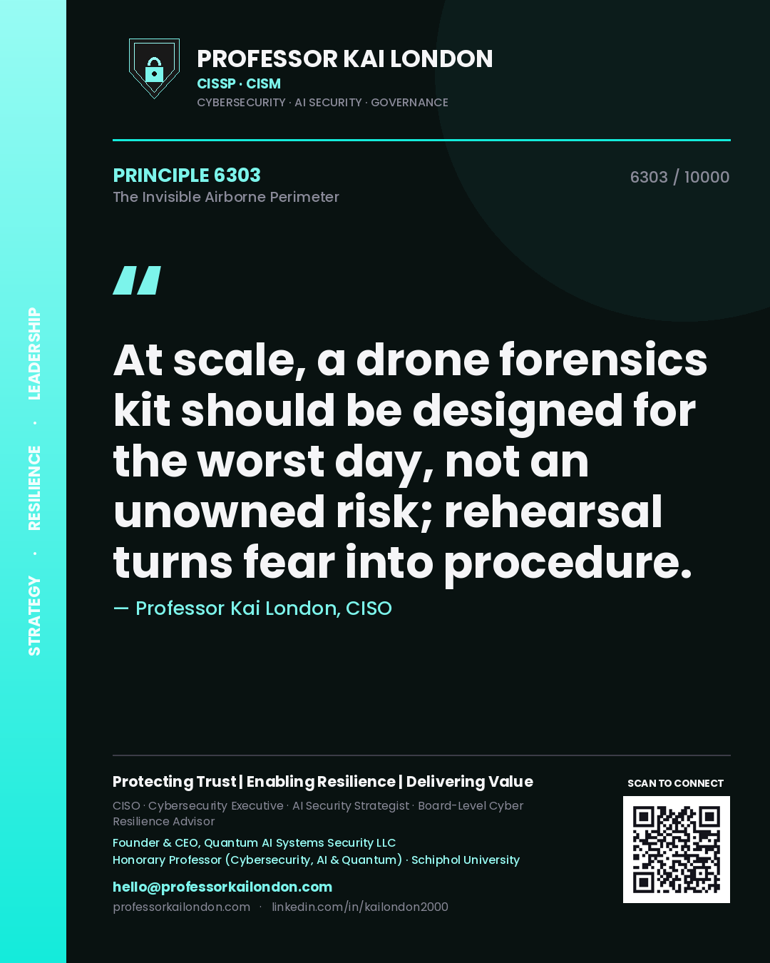 Quote card by Professor Kai London reading 'At scale, a drone forensics kit should be designed for the worst day, not an unowned risk; rehearsal turns fear into procedure.'. From the book The Invisible Airborne Perimeter.