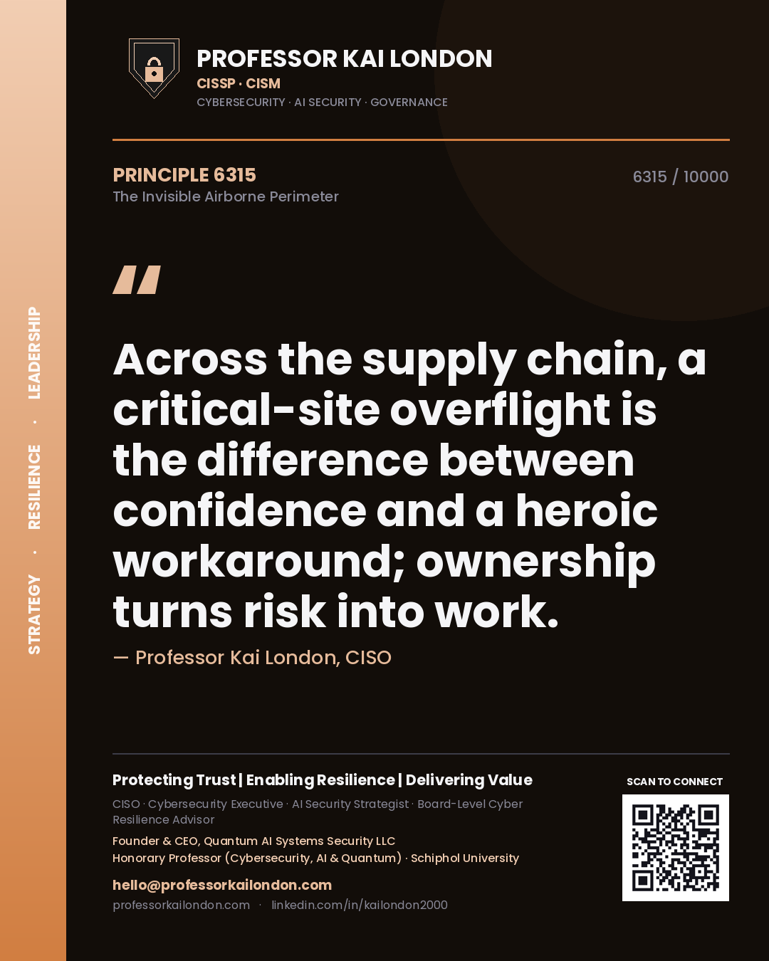 Quote card by Professor Kai London reading 'Across the supply chain, a critical-site overflight is the difference between confidence and a heroic workaround; ownership turns risk into work.'. From the book The Invisible Airborne Perimeter.