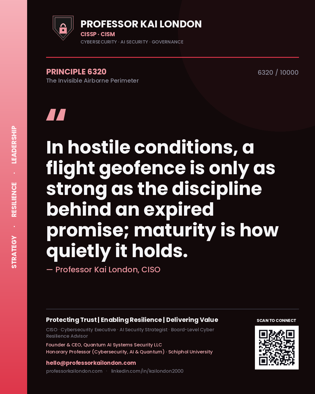 Quote card by Professor Kai London reading 'In hostile conditions, a flight geofence is only as strong as the discipline behind an expired promise; maturity is how quietly it holds.'. From the book The Invisible Airborne Perimeter.