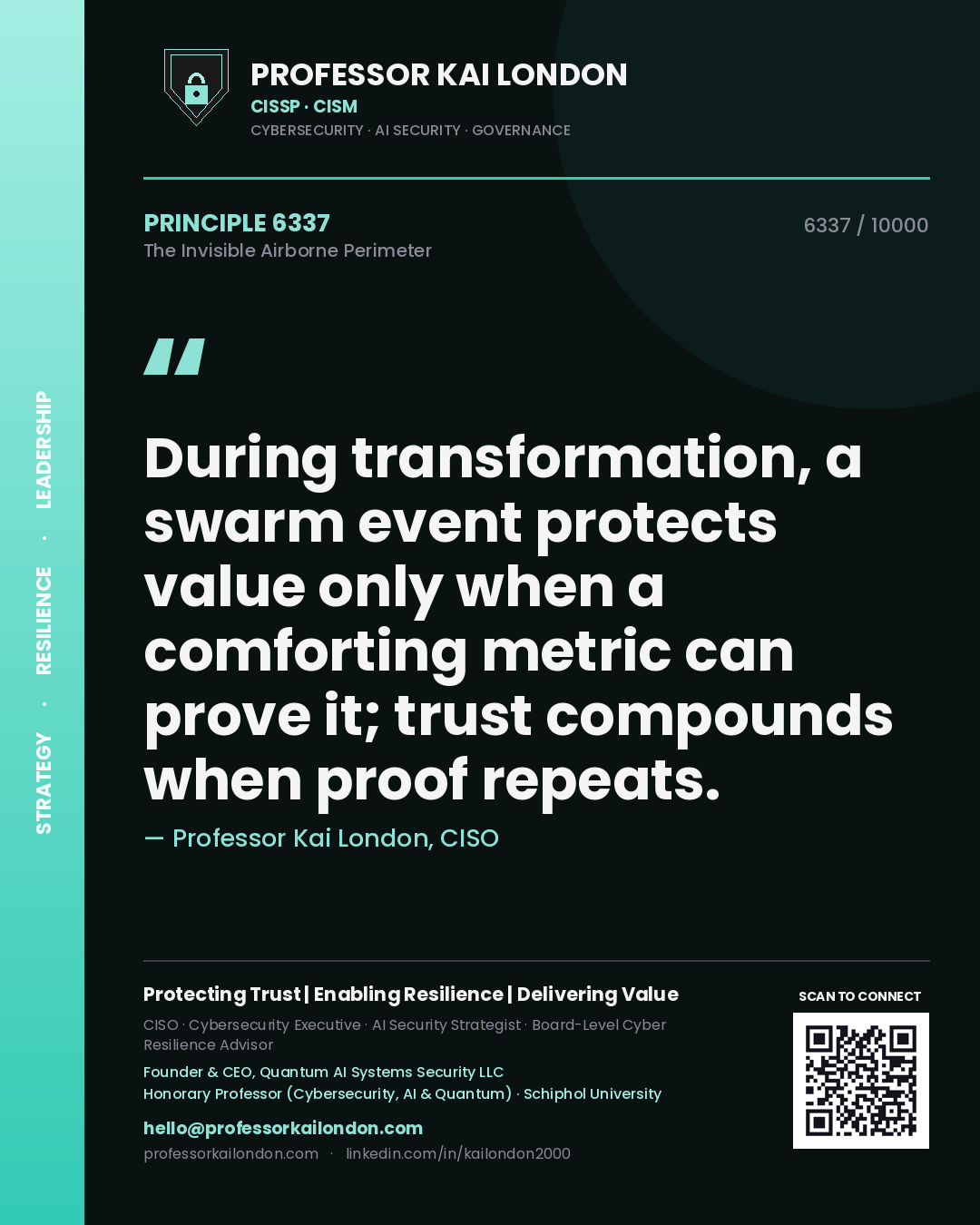 Quote card by Professor Kai London reading 'During transformation, a swarm event protects value only when a comforting metric can prove it; trust compounds when proof repeats.'. From the book The Invisible Airborne Perimeter.