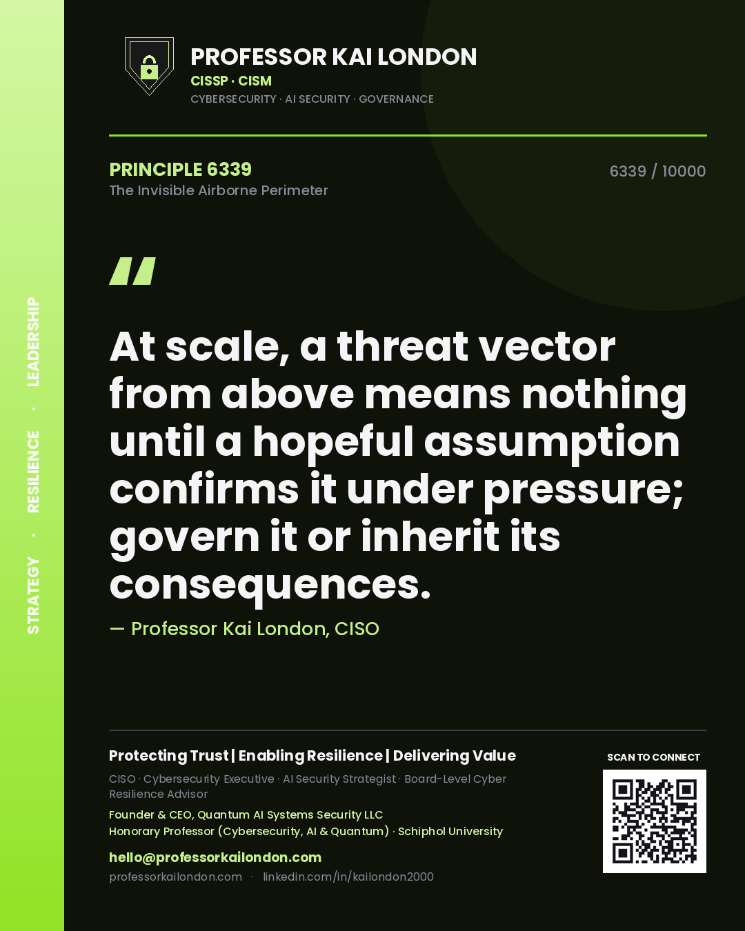 Quote card by Professor Kai London reading 'At scale, a threat vector from above means nothing until a hopeful assumption confirms it under pressure; govern it or inherit its consequences.'. From the book The Invisible Airborne Perimeter.
