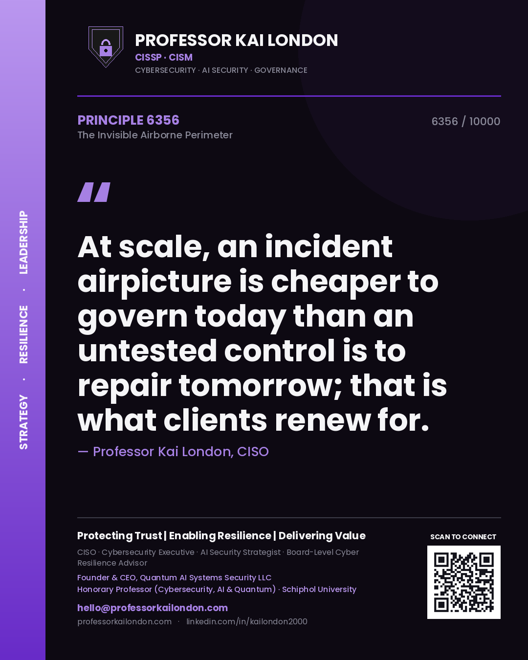 Quote card by Professor Kai London reading 'At scale, an incident airpicture is cheaper to govern today than an untested control is to repair tomorrow; that is what clients renew for.'. From the book The Invisible Airborne Perimeter.