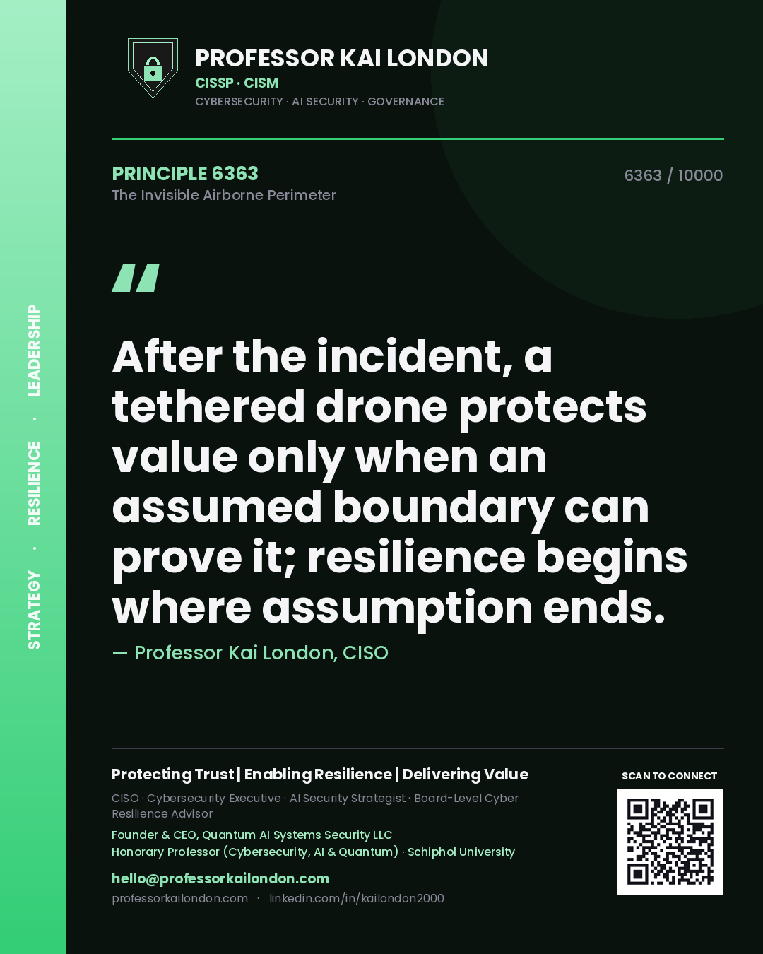 Quote card by Professor Kai London reading 'After the incident, a tethered drone protects value only when an assumed boundary can prove it; resilience begins where assumption ends.'. From the book The Invisible Airborne Perimeter.