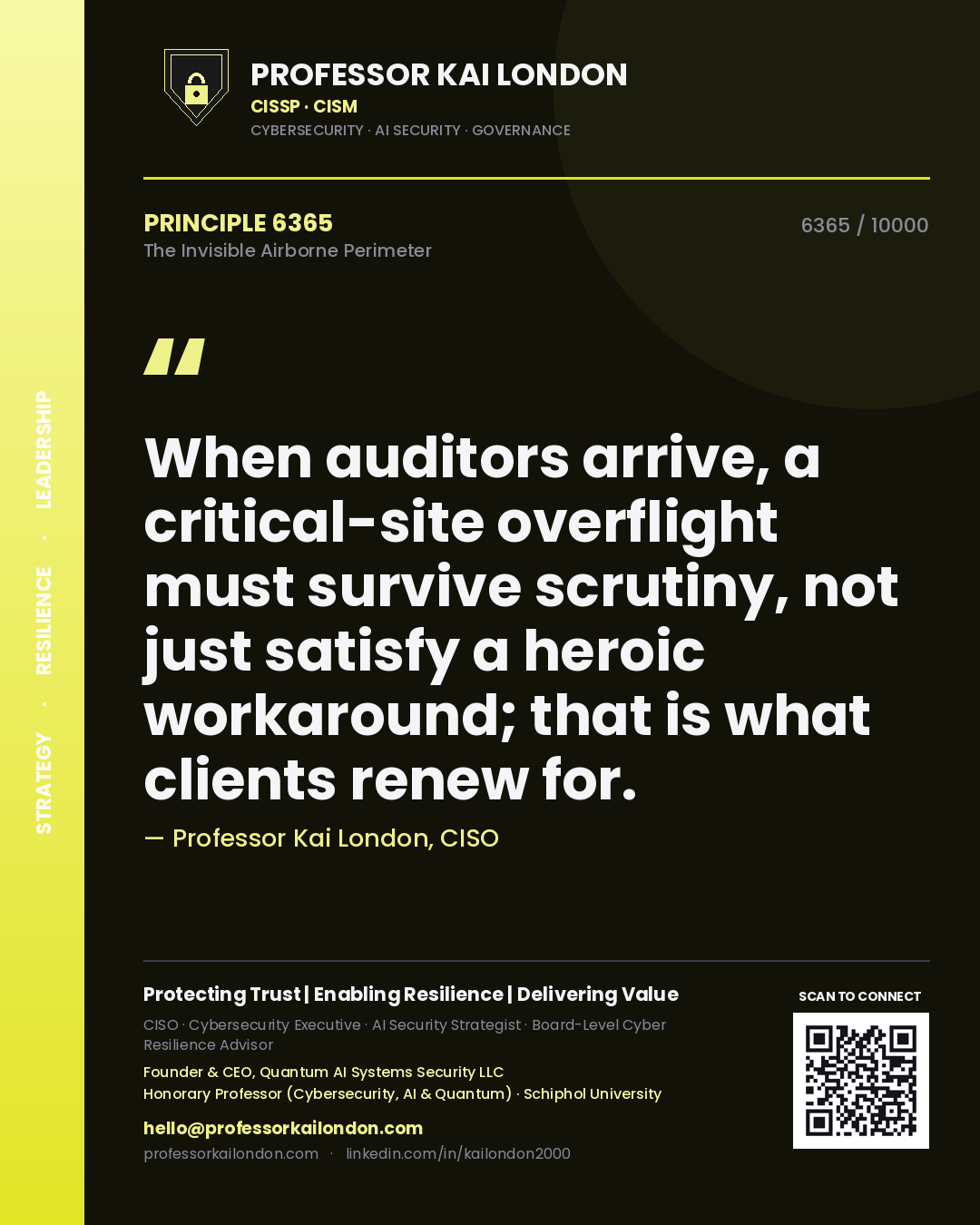 Professor Kai London principle 6365: When auditors arrive, a critical-site overflight must survive scrutiny, not just satisfy a heroic workaround; that is what clients renew for.