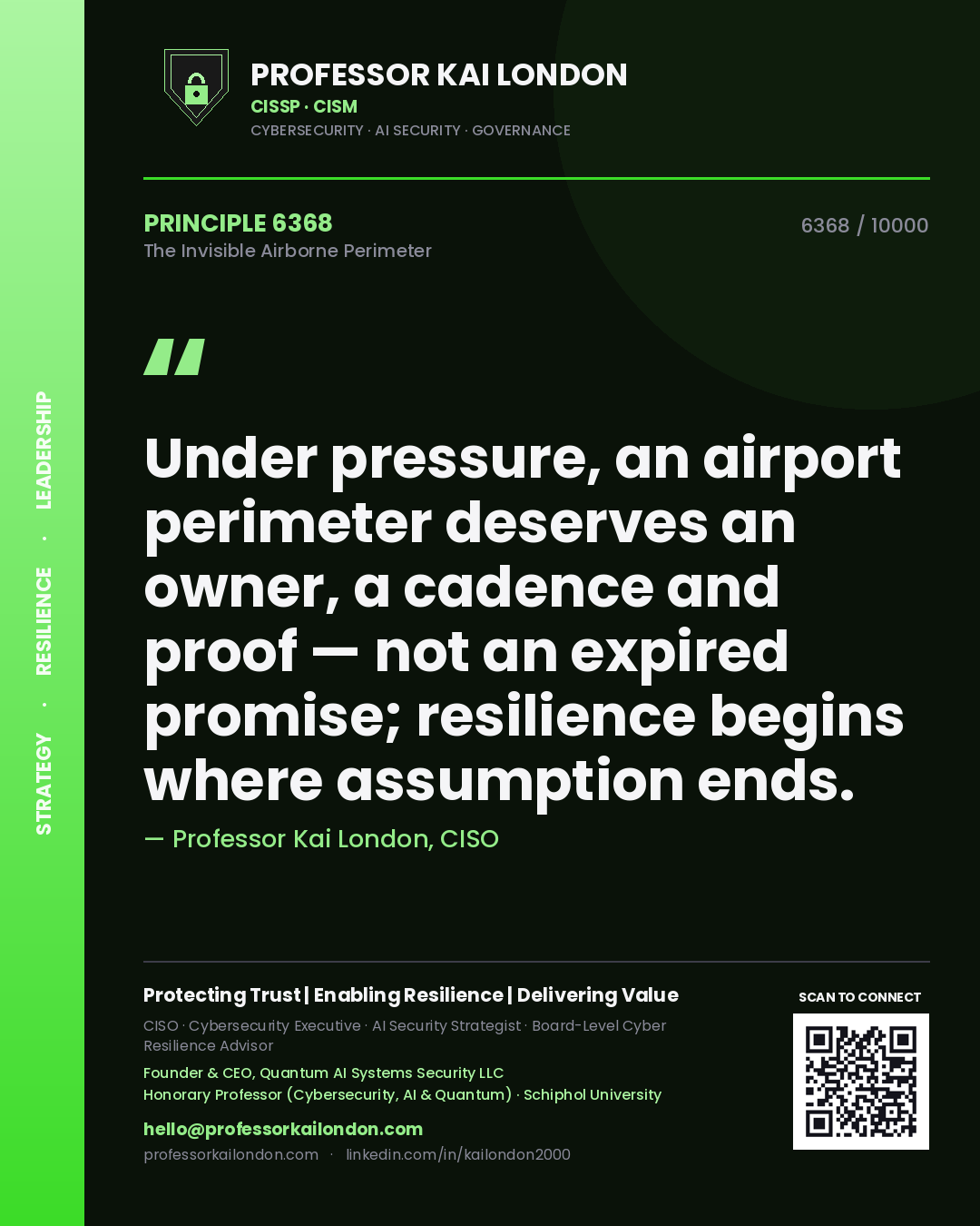 Quote card by Professor Kai London reading 'Under pressure, an airport perimeter deserves an owner, a cadence and proof — not an expired promise; resilience begins where assumption ends.'. From the book The Invisible Airborne Perimeter.