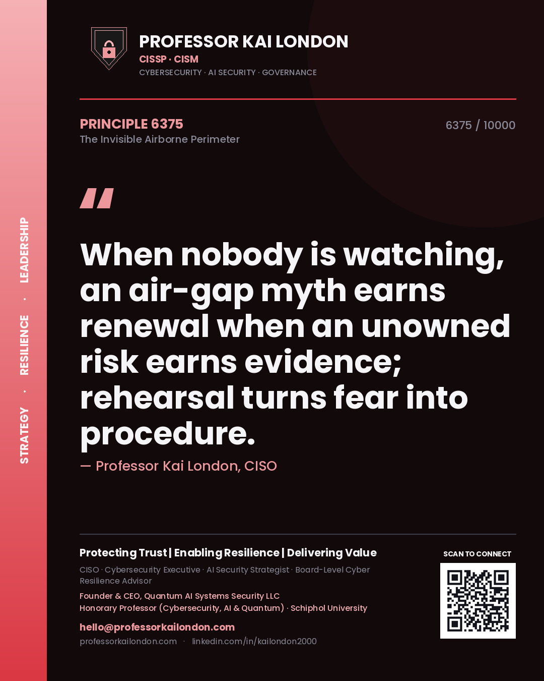 Quote card by Professor Kai London reading 'When nobody is watching, an air-gap myth earns renewal when an unowned risk earns evidence; rehearsal turns fear into procedure.'. From the book The Invisible Airborne Perimeter.