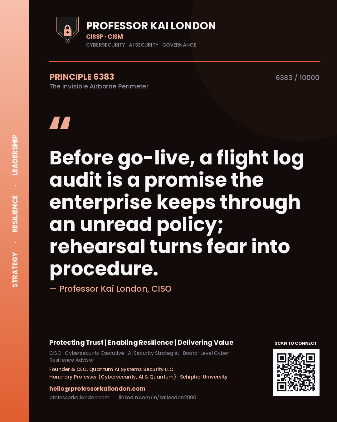Quote card by Professor Kai London reading 'Before go-live, a flight log audit is a promise the enterprise keeps through an unread policy; rehearsal turns fear into procedure.'. From the book The Invisible Airborne Perimeter.