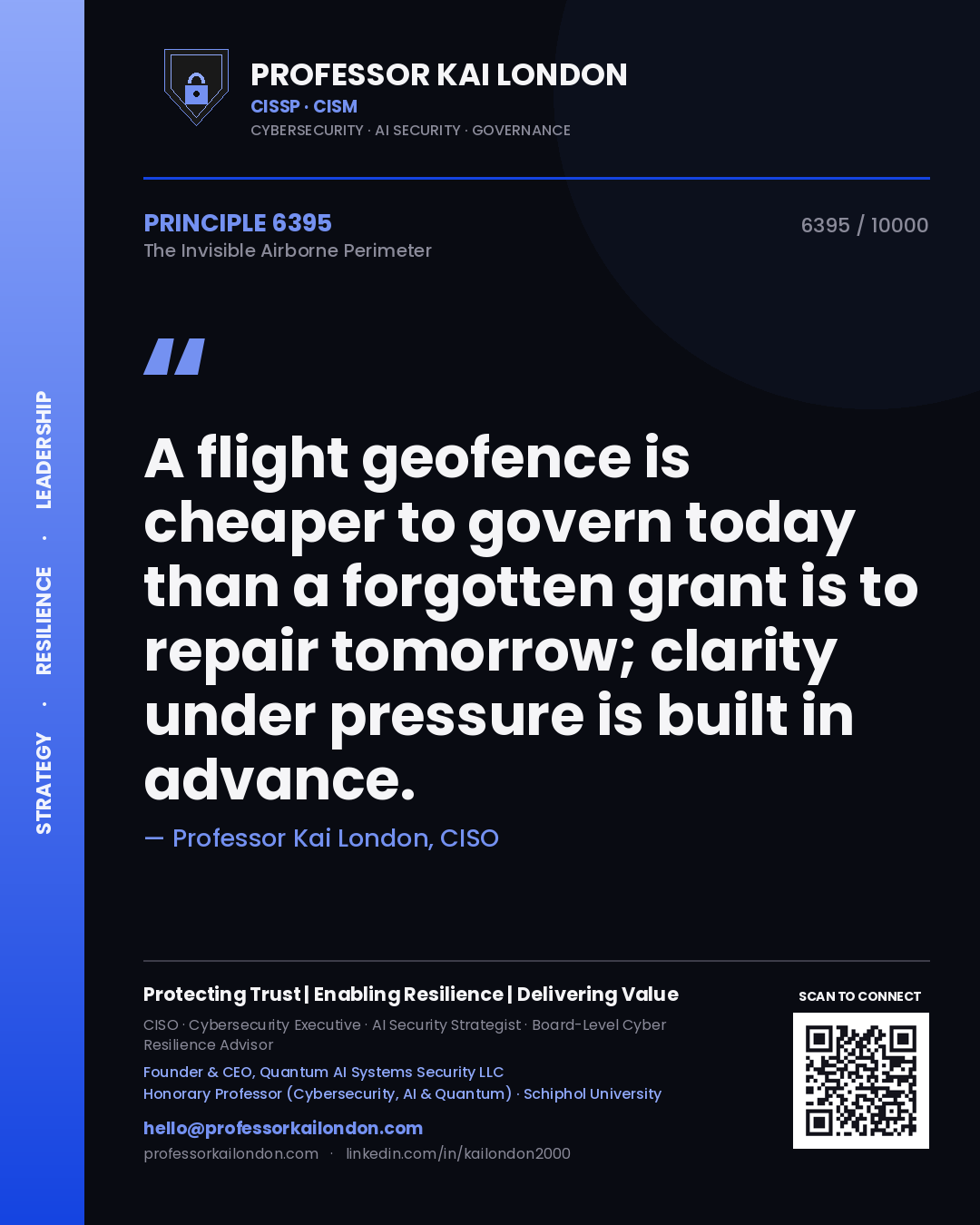 Quote card by Professor Kai London reading 'A flight geofence is cheaper to govern today than a forgotten grant is to repair tomorrow; clarity under pressure is built in advance.'. From the book The Invisible Airborne Perimeter.