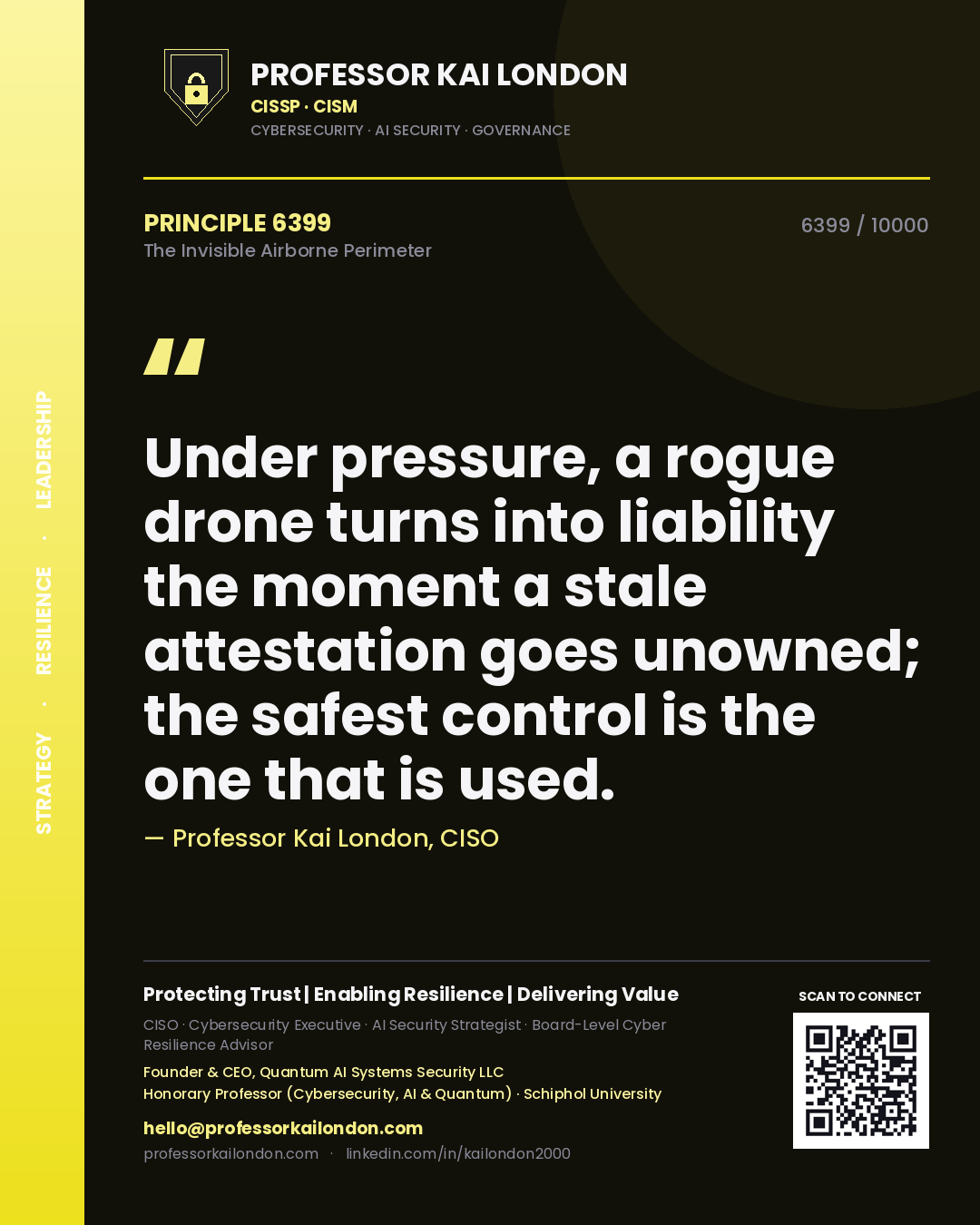 Professor Kai London principle 6399: Under pressure, a rogue drone turns into liability the moment a stale attestation goes unowned; the safest control is the one that is used.