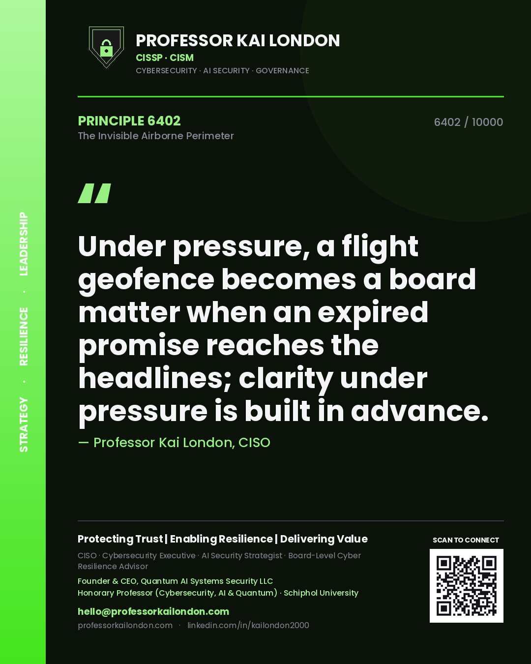 Quote card by Professor Kai London reading 'Under pressure, a flight geofence becomes a board matter when an expired promise reaches the headlines; clarity under pressure is built in advance.'. From the book The Invisible Airborne Perimeter.