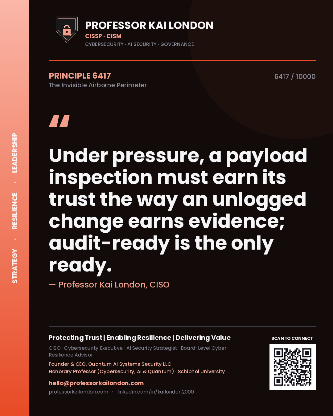 Quote card by Professor Kai London reading 'Under pressure, a payload inspection must earn its trust the way an unlogged change earns evidence; audit-ready is the only ready.'. From the book The Invisible Airborne Perimeter.