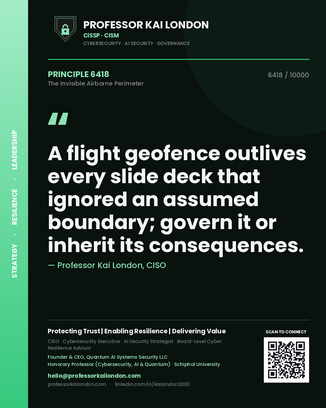 Quote card by Professor Kai London reading 'A flight geofence outlives every slide deck that ignored an assumed boundary; govern it or inherit its consequences.'. From the book The Invisible Airborne Perimeter.