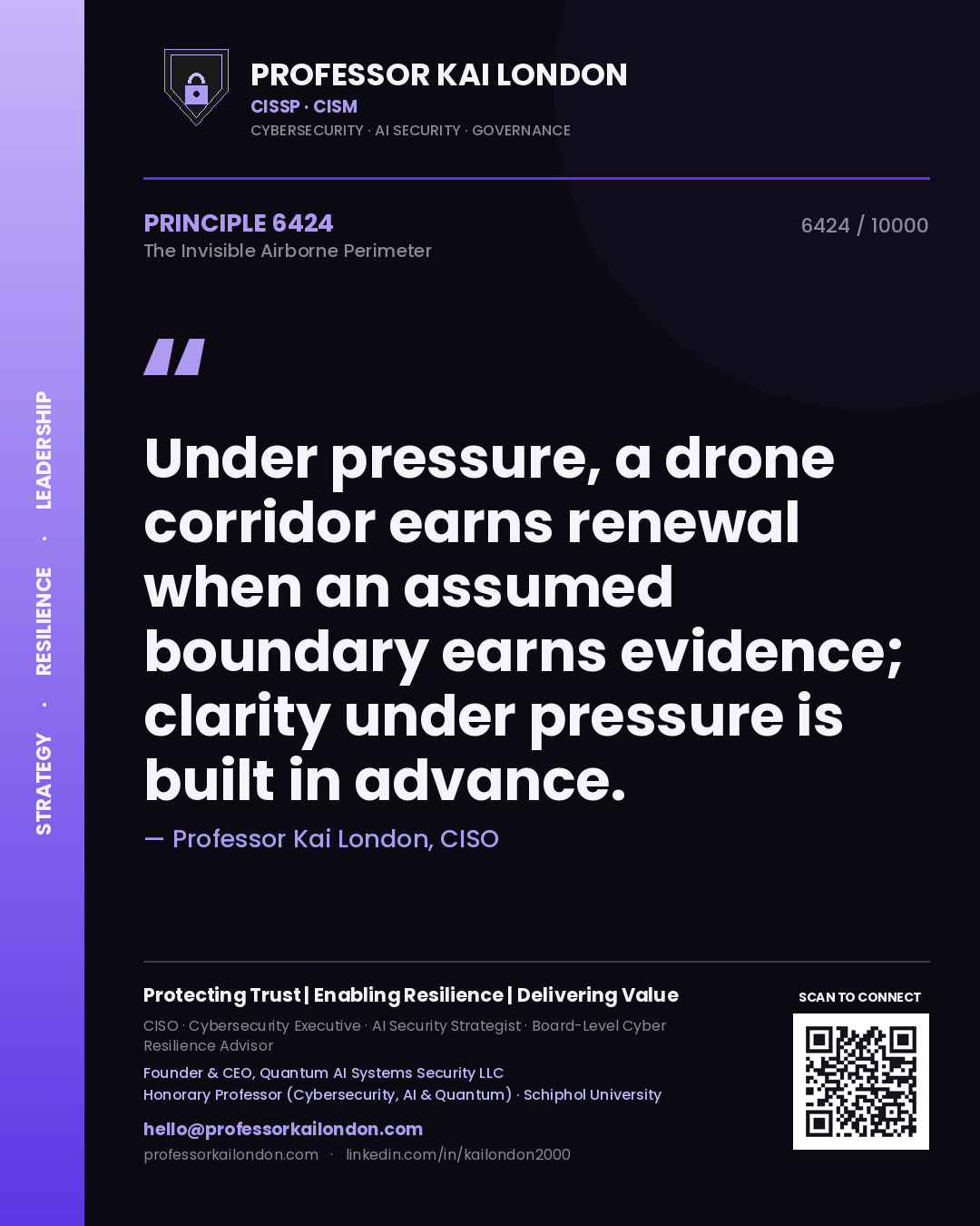 Quote card by Professor Kai London reading 'Under pressure, a drone corridor earns renewal when an assumed boundary earns evidence; clarity under pressure is built in advance.'. From the book The Invisible Airborne Perimeter.