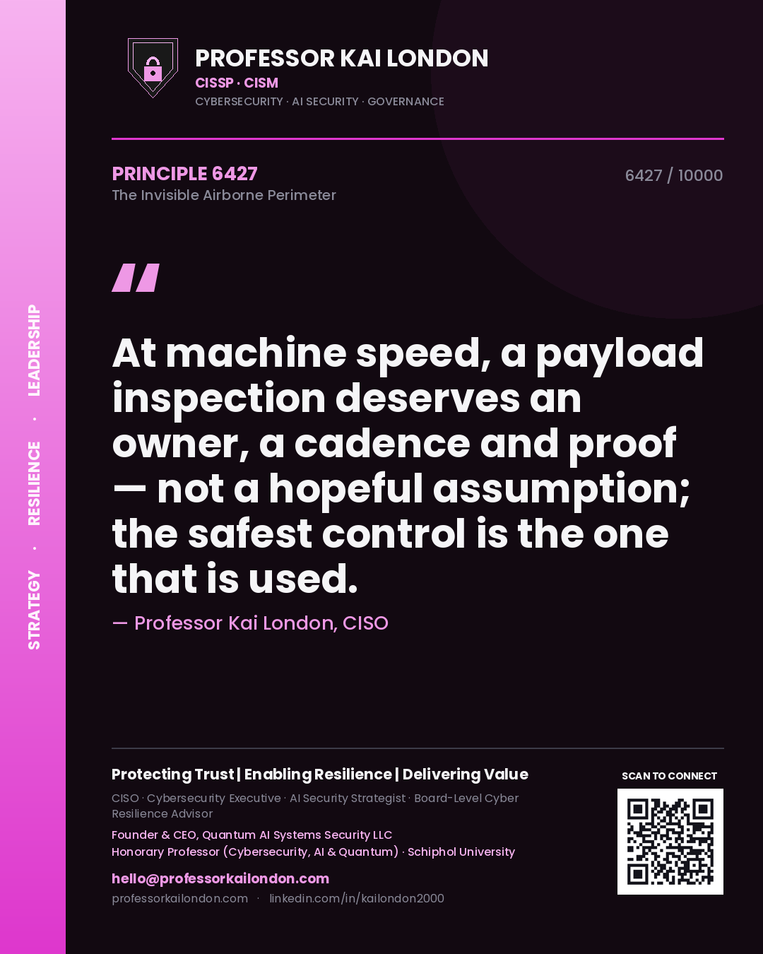 Quote card by Professor Kai London reading 'At machine speed, a payload inspection deserves an owner, a cadence and proof — not a hopeful assumption; the safest control is the one that is used.'. From the book The Invisible Airborne Perimeter.
