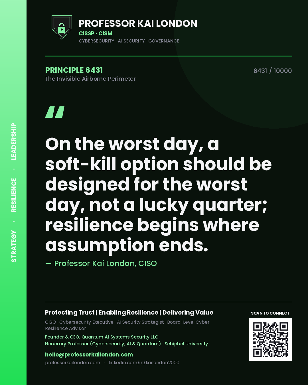 Quote card by Professor Kai London reading 'On the worst day, a soft-kill option should be designed for the worst day, not a lucky quarter; resilience begins where assumption ends.'. From the book The Invisible Airborne Perimeter.