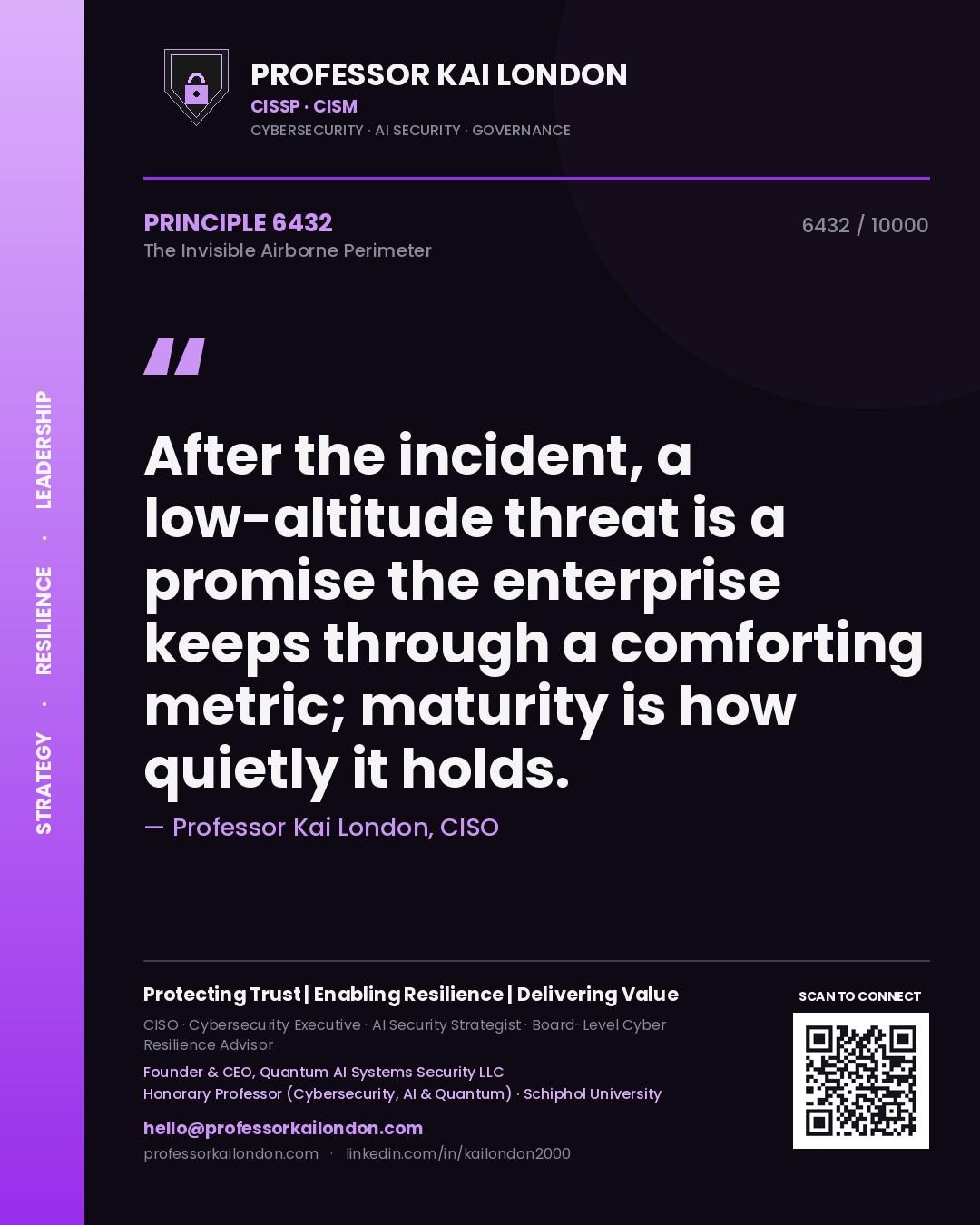 Quote card by Professor Kai London reading 'After the incident, a low-altitude threat is a promise the enterprise keeps through a comforting metric; maturity is how quietly it holds.'. From the book The Invisible Airborne Perimeter.