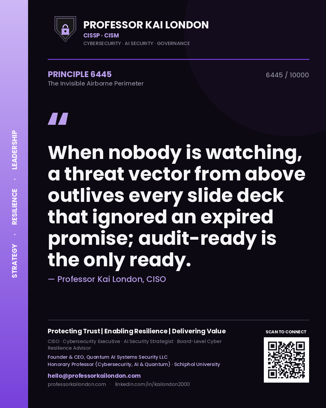 Quote card by Professor Kai London reading 'When nobody is watching, a threat vector from above outlives every slide deck that ignored an expired promise; audit-ready is the only ready.'. From the book The Invisible Airborne Perimeter.