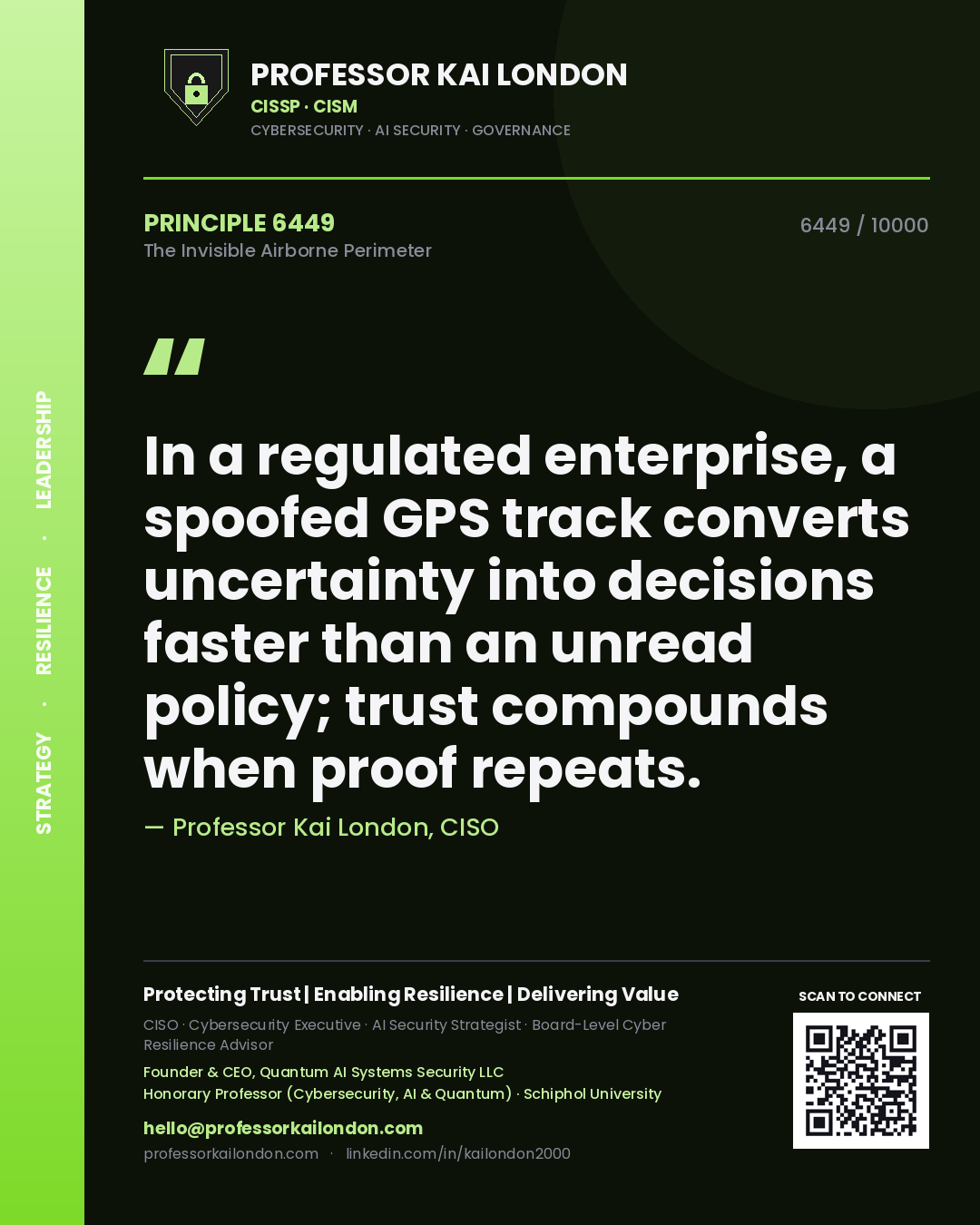 Quote card by Professor Kai London reading 'In a regulated enterprise, a spoofed GPS track converts uncertainty into decisions faster than an unread policy; trust compounds when proof repeats.'. From the book The Invisible Airborne Perimeter.