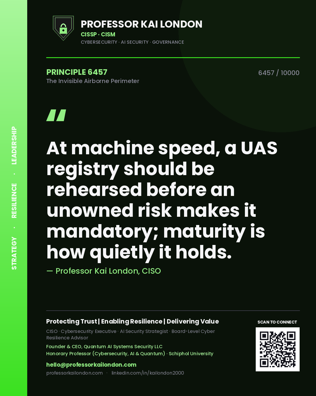 Quote card by Professor Kai London reading 'At machine speed, a UAS registry should be rehearsed before an unowned risk makes it mandatory; maturity is how quietly it holds.'. From the book The Invisible Airborne Perimeter.