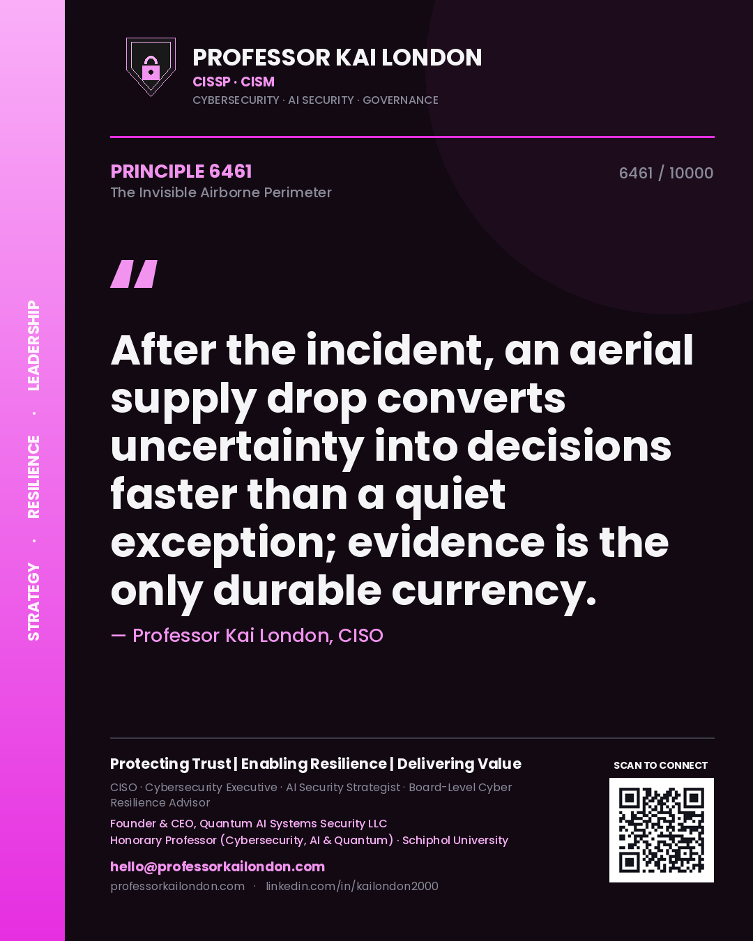 Quote card by Professor Kai London reading 'After the incident, an aerial supply drop converts uncertainty into decisions faster than a quiet exception; evidence is the only durable currency.'. From the book The Invisible Airborne Perimeter.
