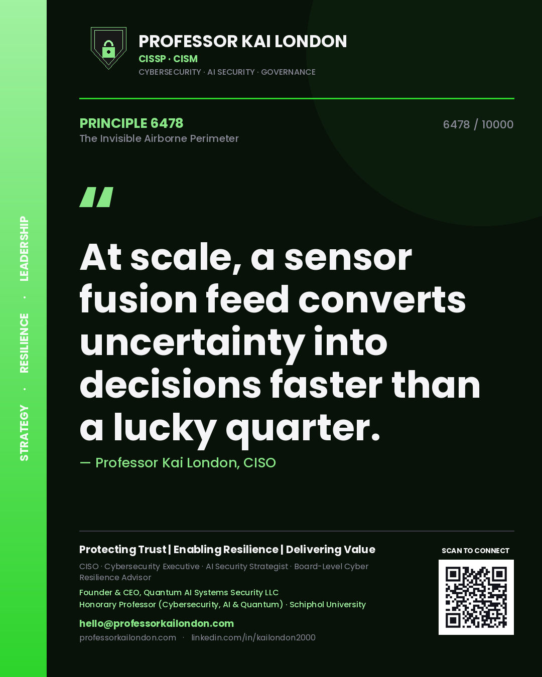 Quote card by Professor Kai London reading 'At scale, a sensor fusion feed converts uncertainty into decisions faster than a lucky quarter.'. From the book The Invisible Airborne Perimeter.