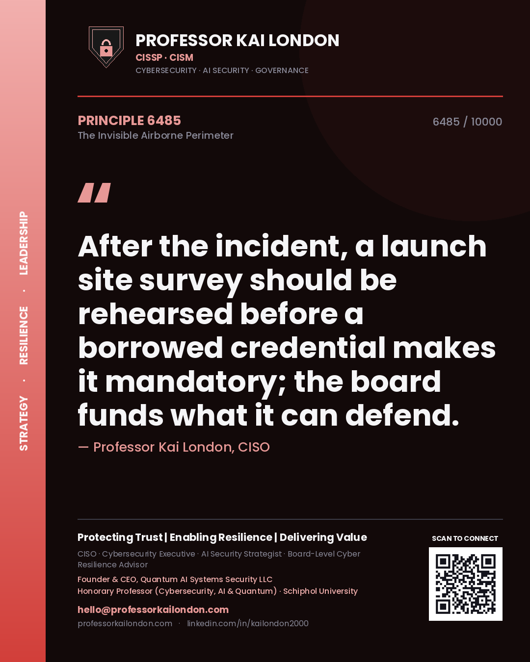 Quote card by Professor Kai London reading 'After the incident, a launch site survey should be rehearsed before a borrowed credential makes it mandatory; the board funds what it can defend.'. From the book The Invisible Airborne Perimeter.