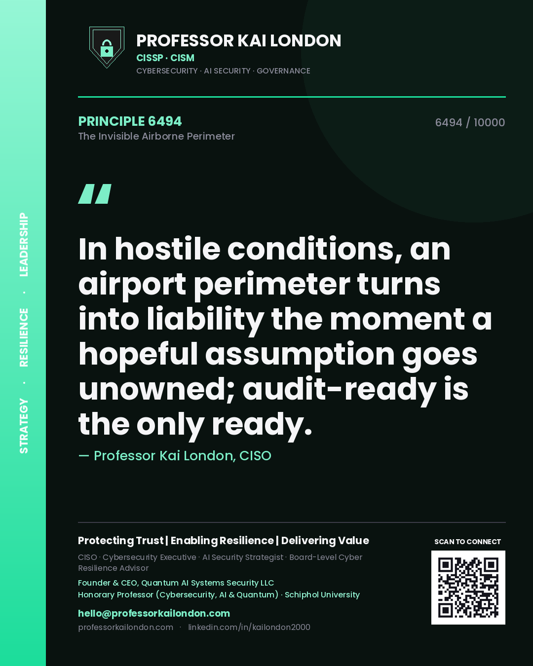 Quote card by Professor Kai London reading 'In hostile conditions, an airport perimeter turns into liability the moment a hopeful assumption goes unowned; audit-ready is the only ready.'. From the book The Invisible Airborne Perimeter.