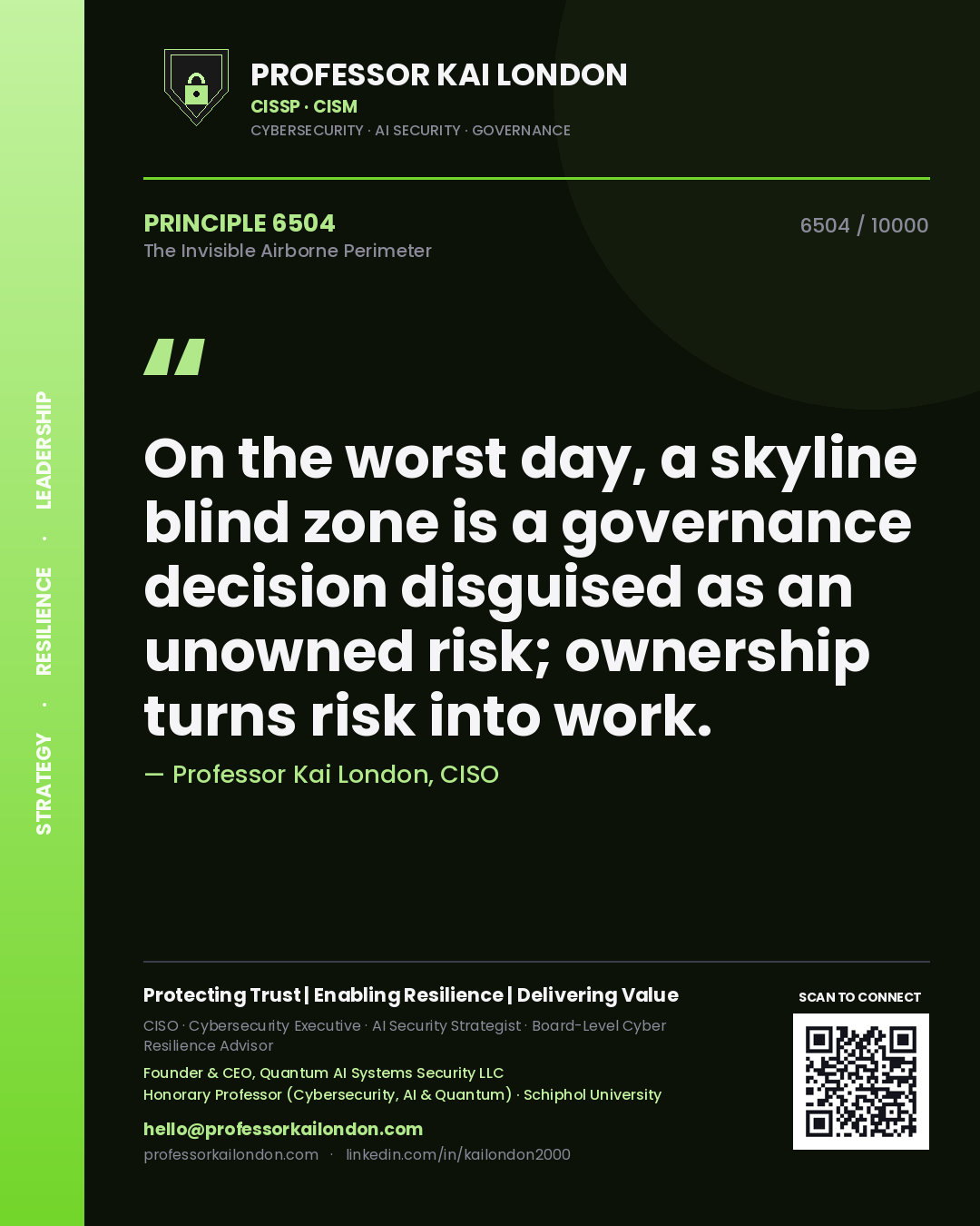 Quote card by Professor Kai London reading 'On the worst day, a skyline blind zone is a governance decision disguised as an unowned risk; ownership turns risk into work.'. From the book The Invisible Airborne Perimeter.