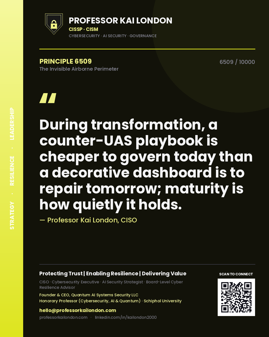 Quote card by Professor Kai London reading 'During transformation, a counter-UAS playbook is cheaper to govern today than a decorative dashboard is to repair tomorrow; maturity is how quietly it holds.'. From the book The Invisible Airborne Perimeter.
