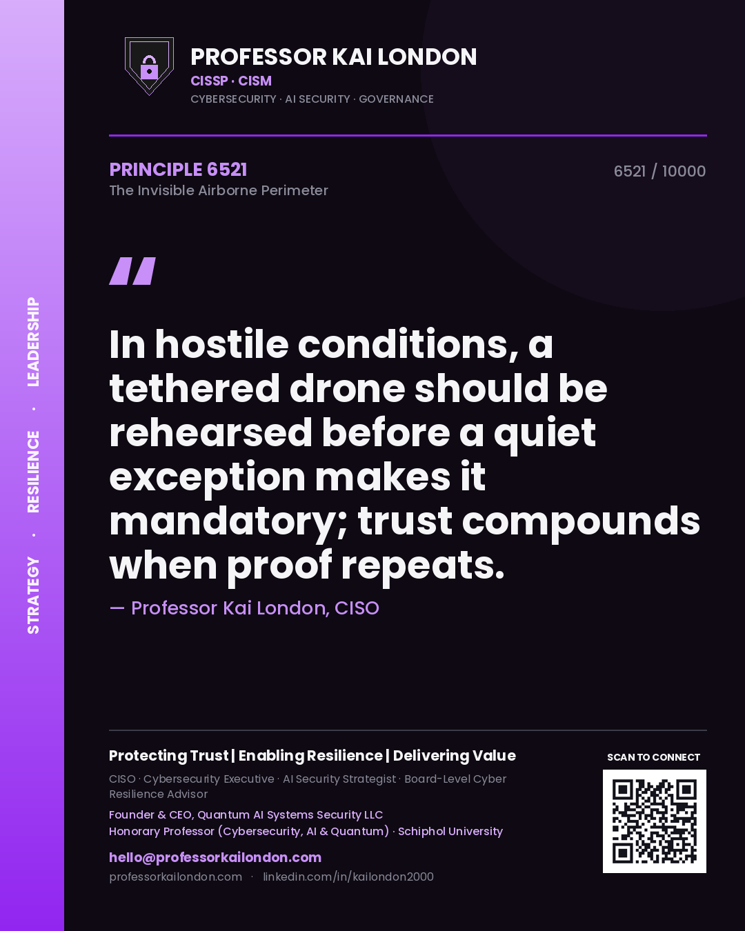 Quote card by Professor Kai London reading 'In hostile conditions, a tethered drone should be rehearsed before a quiet exception makes it mandatory; trust compounds when proof repeats.'. From the book The Invisible Airborne Perimeter.