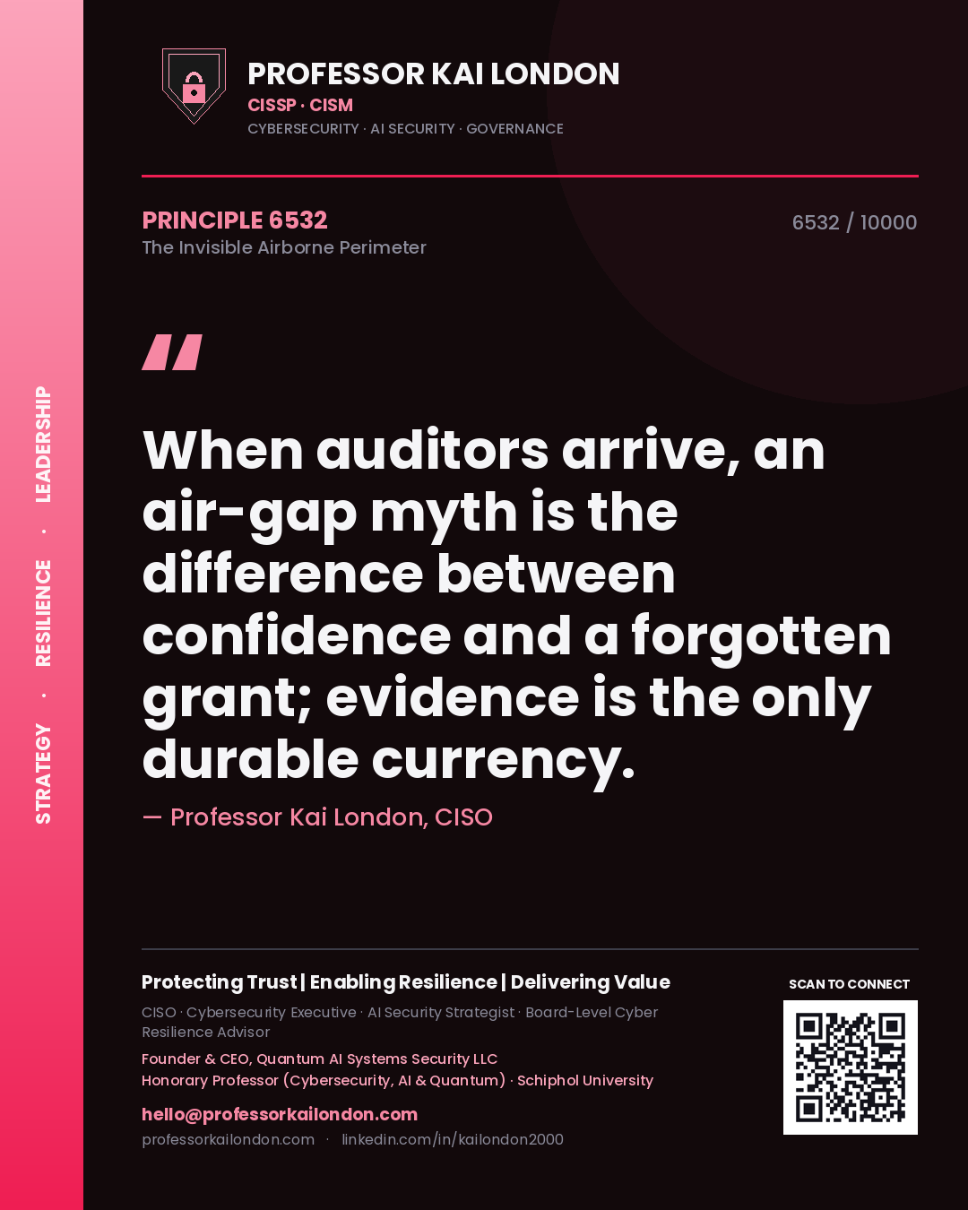 Quote card by Professor Kai London reading 'When auditors arrive, an air-gap myth is the difference between confidence and a forgotten grant; evidence is the only durable currency.'. From the book The Invisible Airborne Perimeter.
