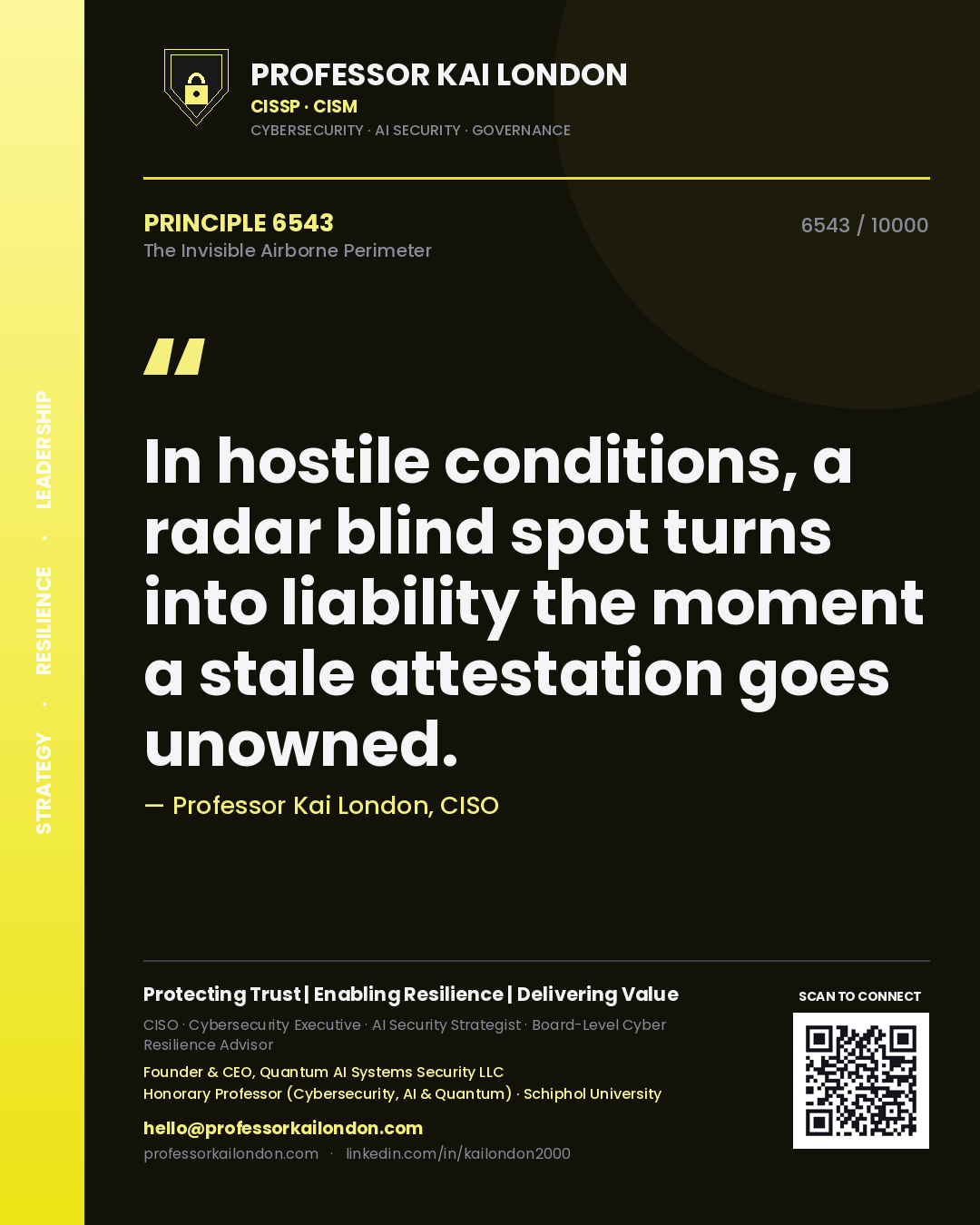 Quote card by Professor Kai London reading 'In hostile conditions, a radar blind spot turns into liability the moment a stale attestation goes unowned.'. From the book The Invisible Airborne Perimeter.