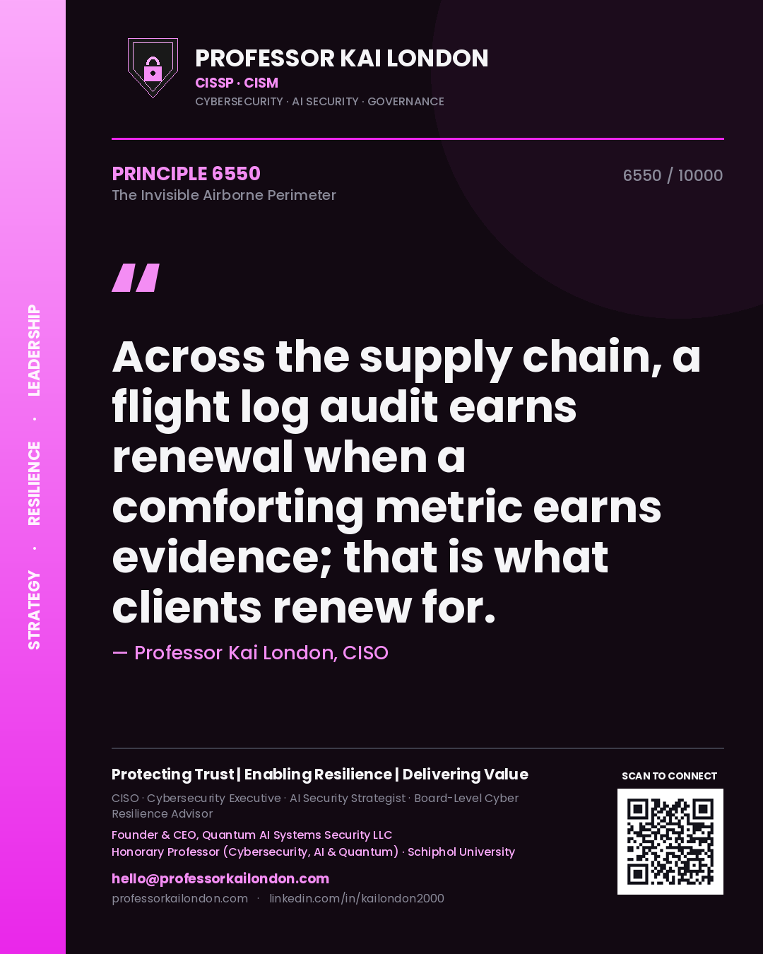 Quote card by Professor Kai London reading 'Across the supply chain, a flight log audit earns renewal when a comforting metric earns evidence; that is what clients renew for.'. From the book The Invisible Airborne Perimeter.