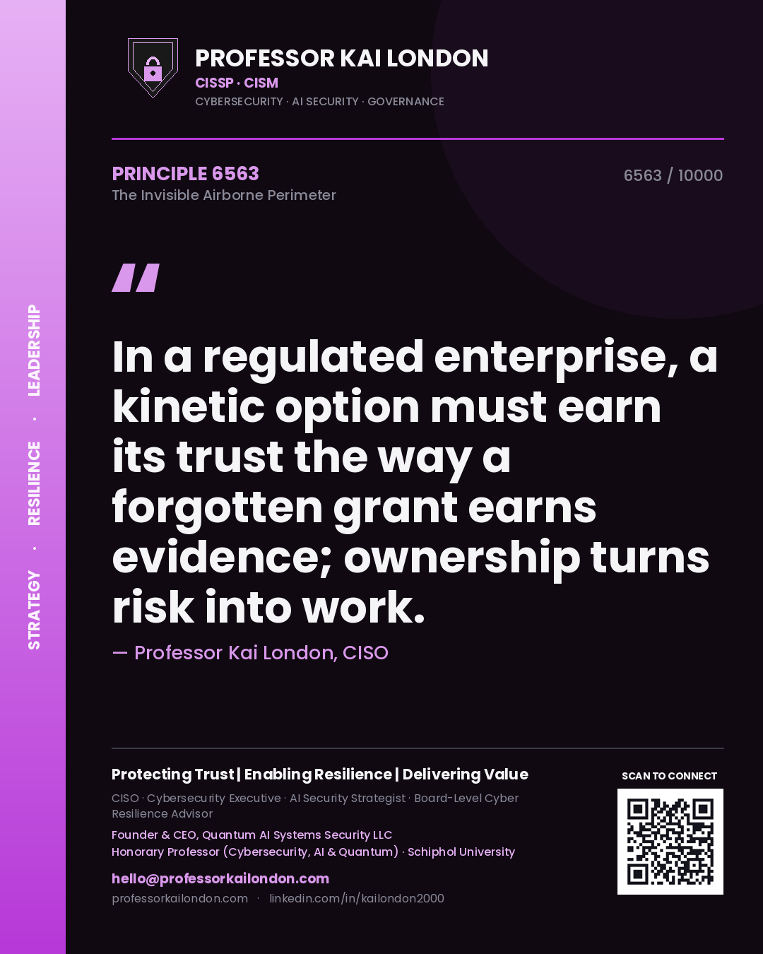 Quote card by Professor Kai London reading 'In a regulated enterprise, a kinetic option must earn its trust the way a forgotten grant earns evidence; ownership turns risk into work.'. From the book The Invisible Airborne Perimeter.
