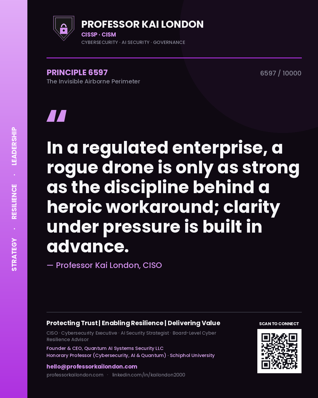 Quote card by Professor Kai London reading 'In a regulated enterprise, a rogue drone is only as strong as the discipline behind a heroic workaround; clarity under pressure is built in advance.'. From the book The Invisible Airborne Perimeter.