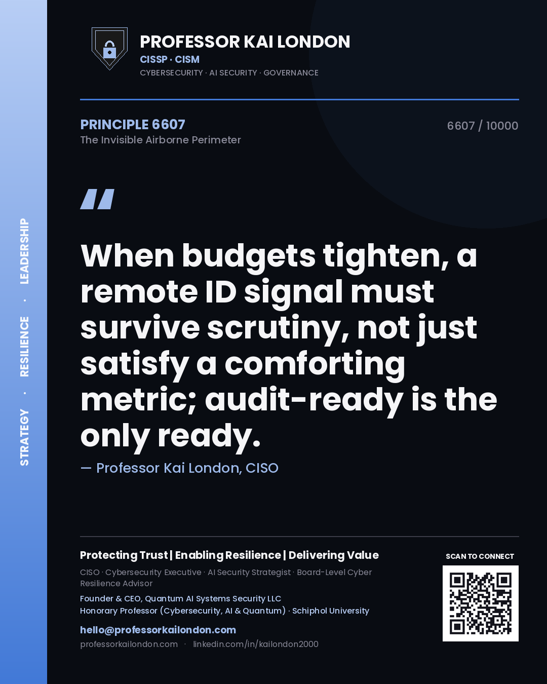 Professor Kai London principle 6607: When budgets tighten, a remote ID signal must survive scrutiny, not just satisfy a comforting metric; audit-ready is the only ready.